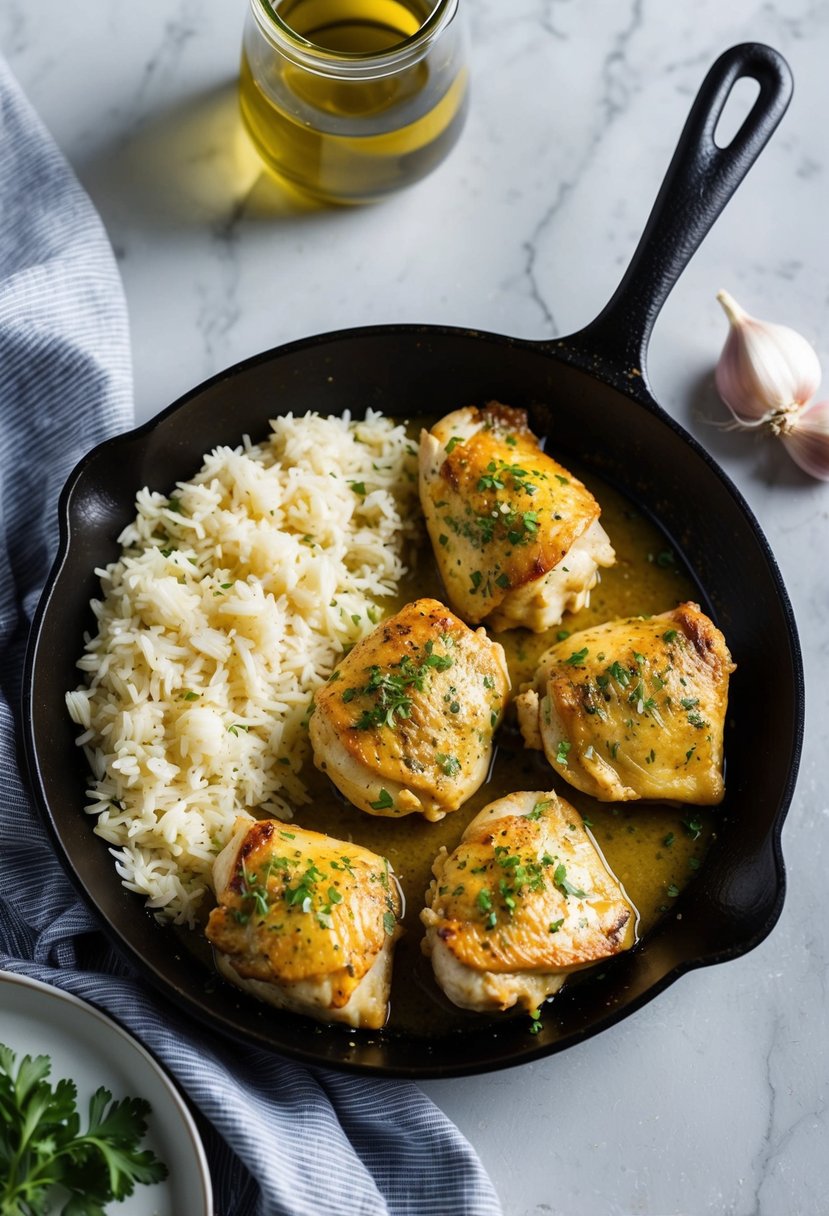 A sizzling skillet of garlic and herb-seasoned chicken served alongside a steaming bed of fluffy white rice